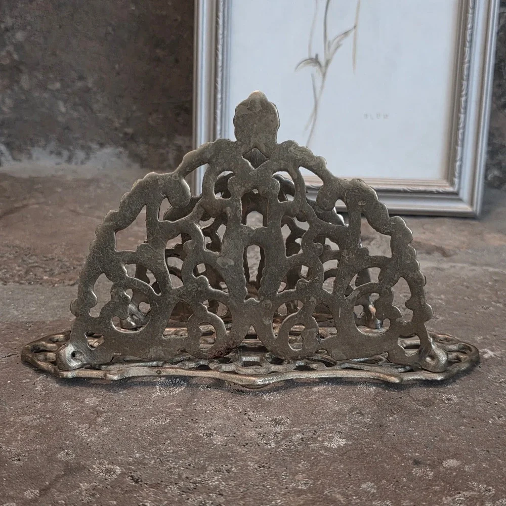 Vintage Brass Napkin Holder Ornate Filigree Letter Sorter Cast Metal Gold Tone